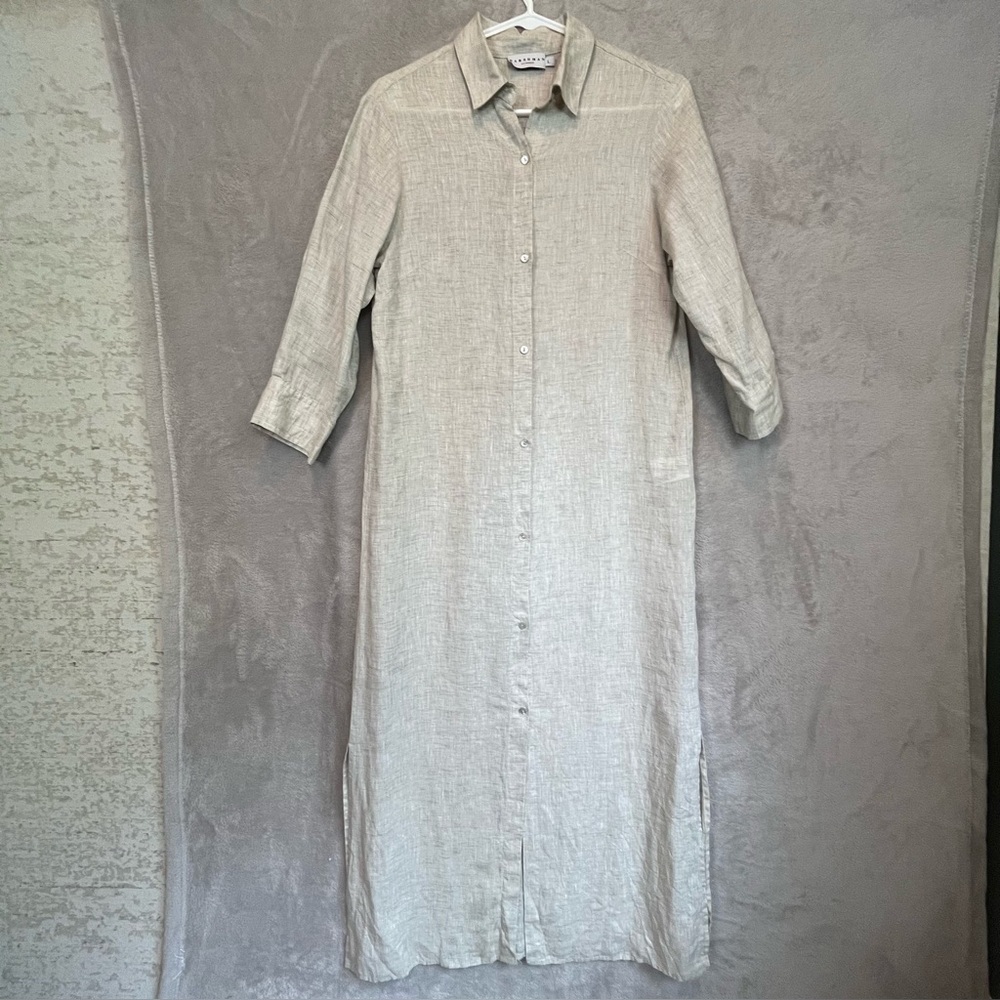 Long Button-Front Linen Maxi Dress in Light Beige